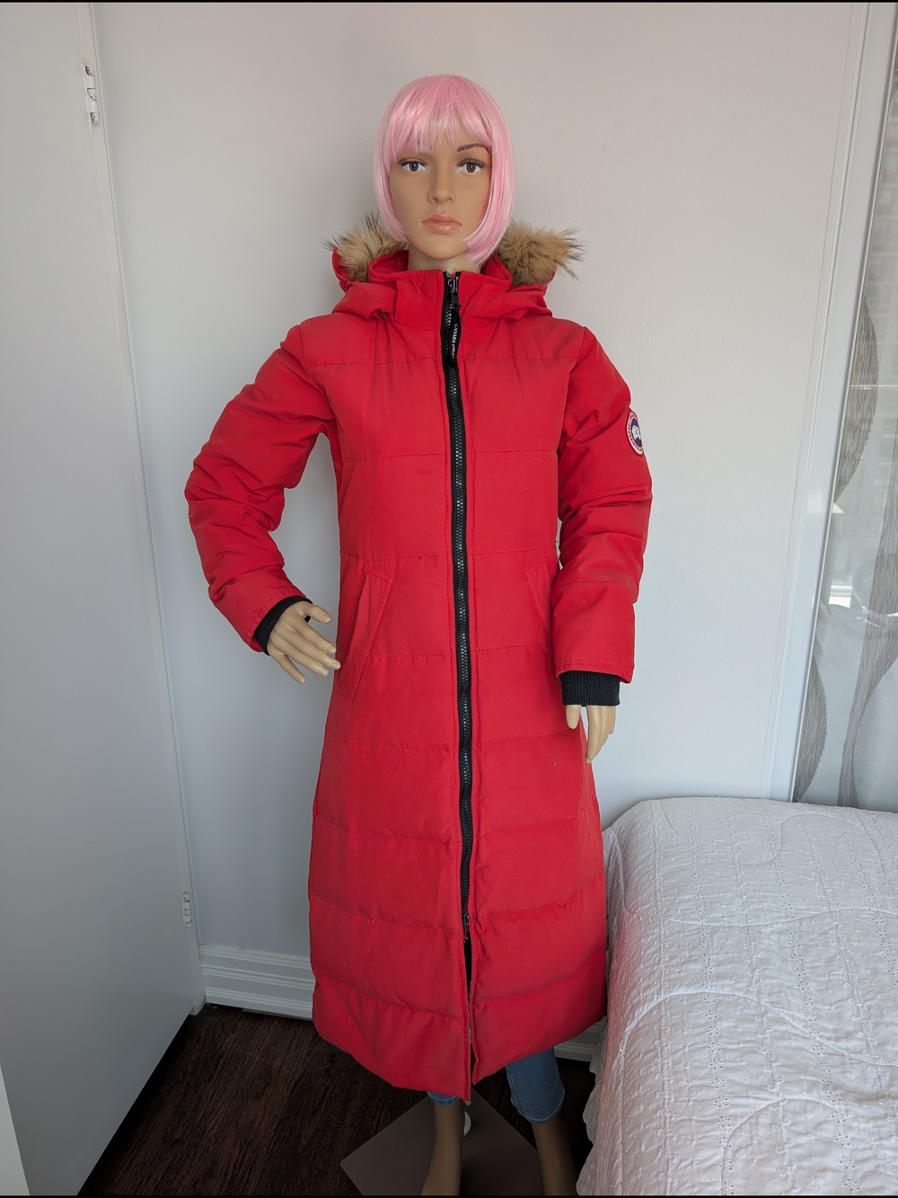 Canada Goose Women's Mystique Parka - Red - Long Puffer Coat with Fur-Trim Hood